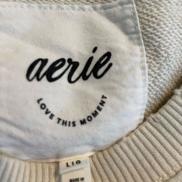 Aerie The Chill Love Crewneck Sweatshirt Cream French Terry Knit Distressed Trim - Picture 11 of 11